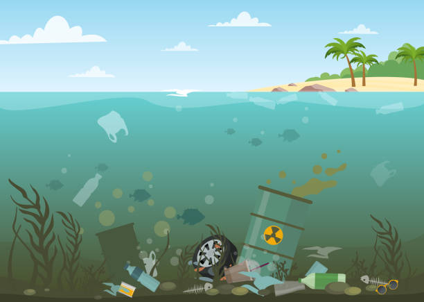 illustrations, cliparts, dessins animés et icônes de illustration vectorielle de l’eau des océans rempli de déchets dangereux en bas. eco, notion de la pollution de l’eau. déchets dans l’eau, style plat. - water pollution