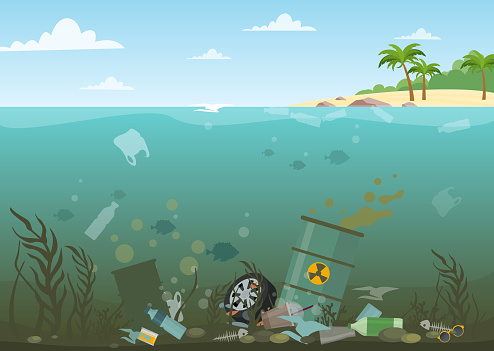 Vector illustration of ocean water full of dangerous waste at the bottom. Eco, water pollution concept. Garbage in the water, flat style