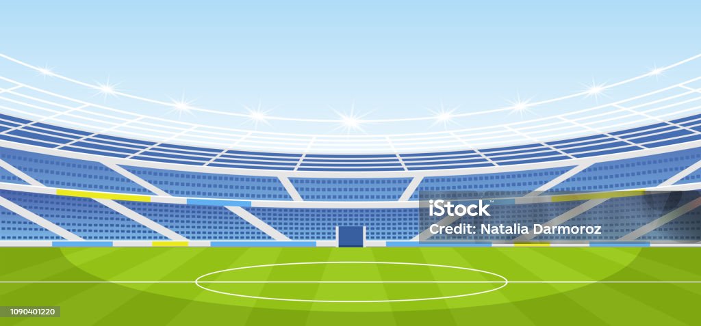 Vector illustration of empty sports stadium with lights in flat cartoon style. - Royalty-free Futebol arte vetorial