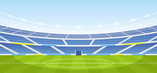 ilustrações de stock, clip art, desenhos animados e ícones de vector illustration of empty sports stadium with lights in flat cartoon style. - stadium
