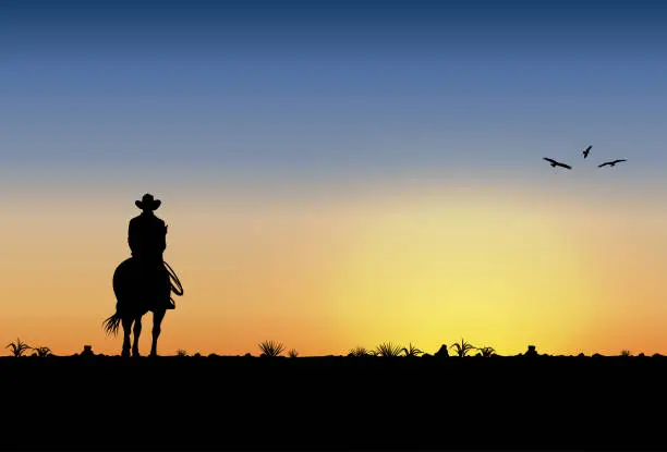 Vector illustration of Silhouette of lonesome cowboy riding horse at sunset, Vector Illustration