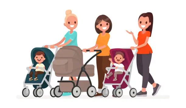 Vector illustration of Group of moms communicate and ride toddlers in prams. Walk of young mothers with children