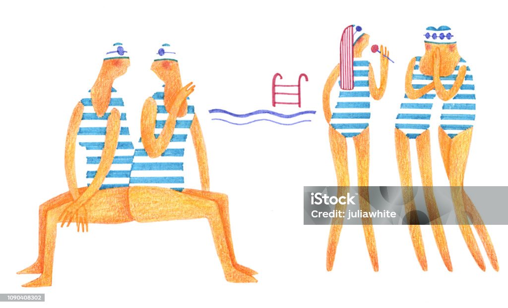 Five girls near the swimming pool Five ladies in striped bathing suits mimic the exercises in the pool, on a white background Adult stock illustration