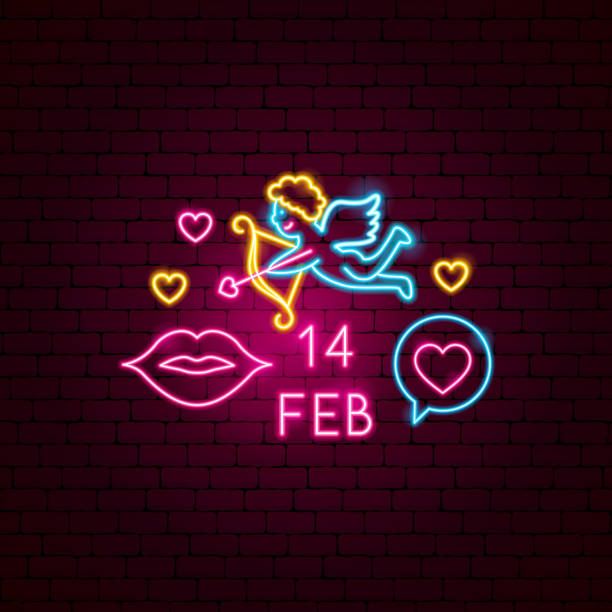 2 月 14 日ネオン ラベル - cupid love valentines day heart shape点のイラスト素材／クリップアート素材／マンガ素材／アイコン素材
