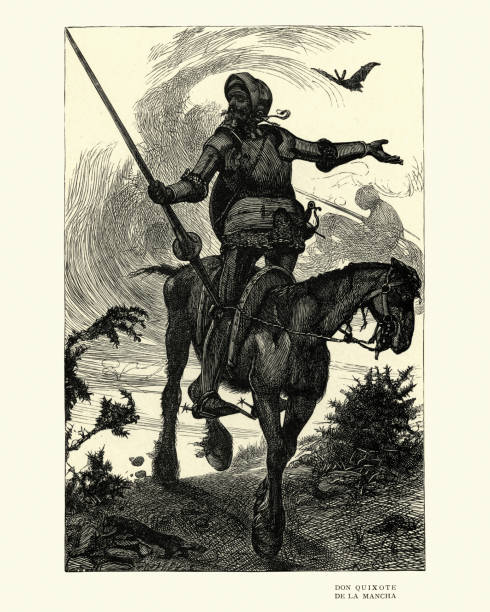 Don Quixote de la Mancha Vintage engraving of Don Quixote de la Mancha, By Arthur Boyd Houghton. The Ingenious Nobleman Sir Quixote of La Mancha is a Spanish novel by Miguel de Cervantes. The story follows the adventures of a noble (hidalgo) named Alonso Quixano who reads so many chivalric romances that he loses his sanity and decides to become a knight-errant don quixote stock illustrations