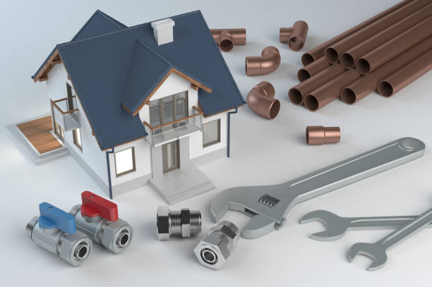 istock Plumbing equipment and house model, 3D illustration 1090420782