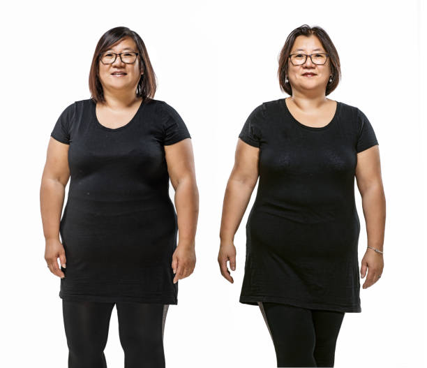 Comparison of overweight middle aged woman Comparison image of overweight middle aged woman's real body before and after dieting, working out and fitness regime before and after weight loss stock pictures, royalty-free photos & images