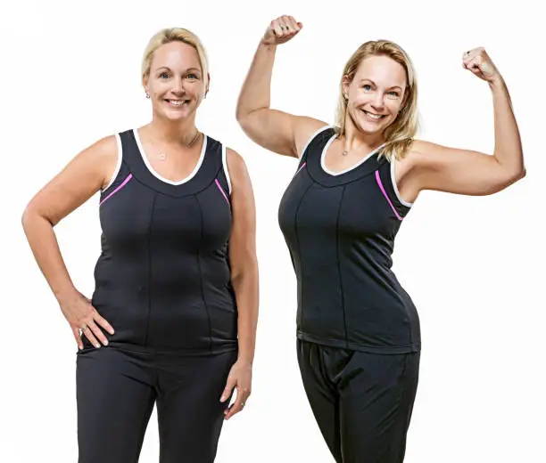 Comparison image of overweight middle aged woman's real body before and after dieting, working out and fitness regime