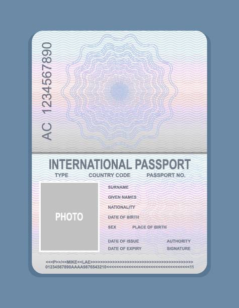 illustrazioni stock, clip art, cartoni animati e icone di tendenza di illustrazione vettoriale del modello di passaporto aperto. documento per concetto di viaggio, campione di passaporto. - passaporto