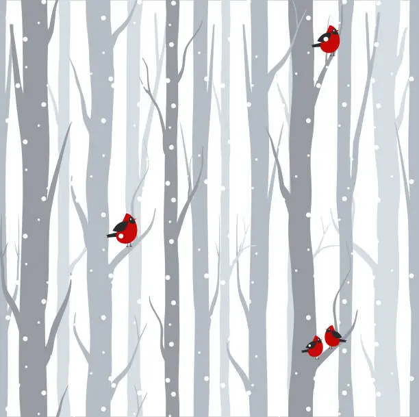 Vector illustration of Vector illustration of seamless pattern with grey trees birches and red birds in winter time with snow in flat cartoon style.