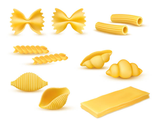 ilustrações, clipart, desenhos animados e ícones de macarrão seco conjunto de vários tipos, variedade de massas, cozinha italiana, massas, farfalle, conchiglie, rigatoni, fusilli, nhoque, lasanha. - dough