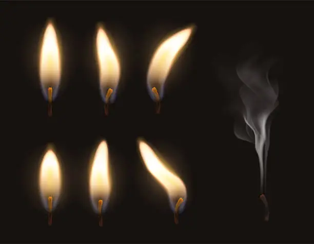 Vector illustration of Candle fire flame set burning and extinguished with smoke