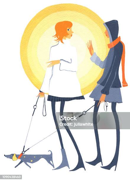 Two Girls With A Dog Are Talking Stock Illustration - Download Image Now - Adult, Art, Beauty
