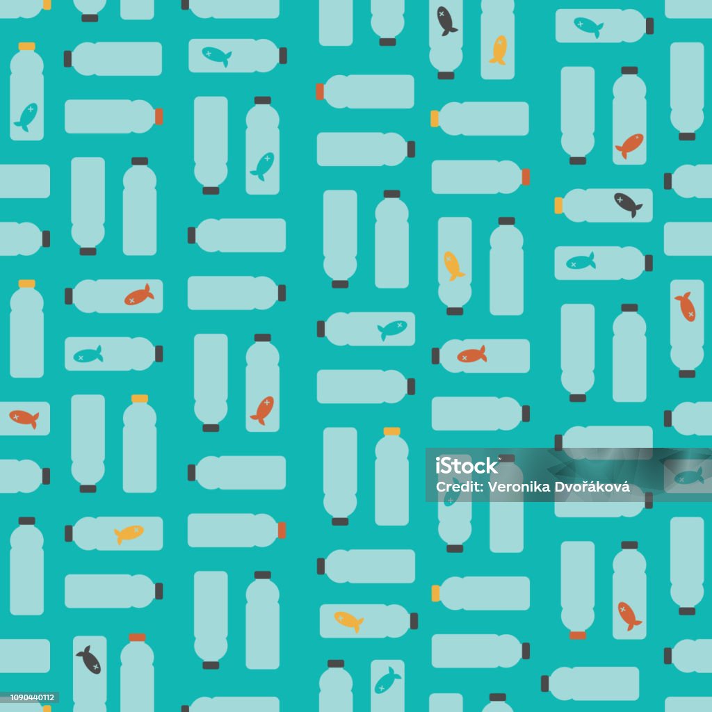 Vector Illustration: Seamless Pattern: Death Fishes in Plastic Bottles on Light Blue Background. Seamless Pattern: Death Fishes in Plastic Bottles on Light Blue Background. Plastic stock vector