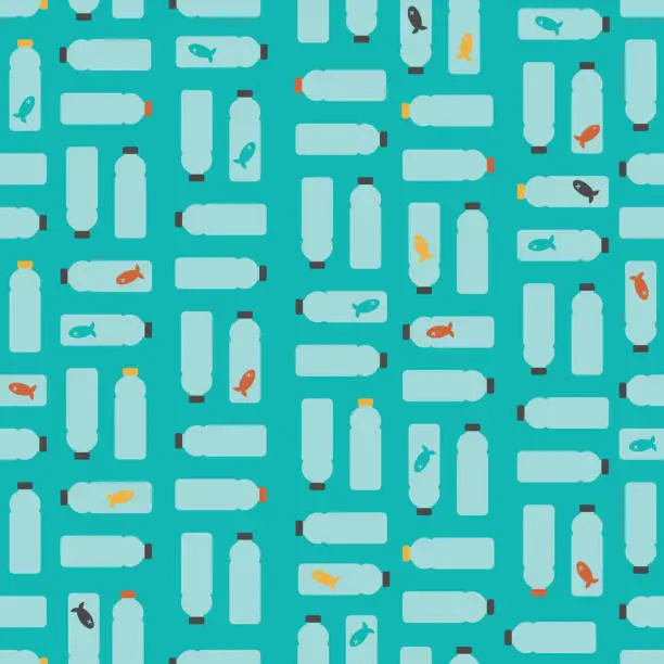 Vector illustration of Vector Illustration: Seamless Pattern: Death Fishes in Plastic Bottles on Light Blue Background.