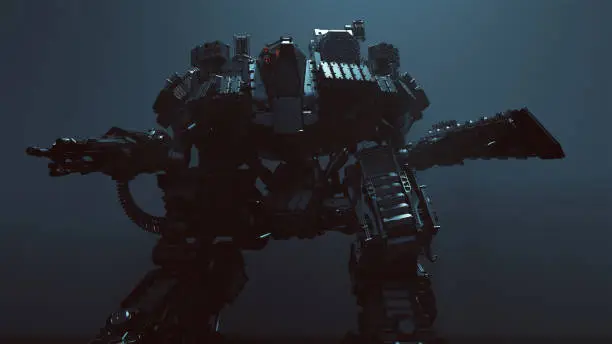 Futuristic AI Battle Droid Cyborg Mech with Glowing Lens 3d illustration 3d render
