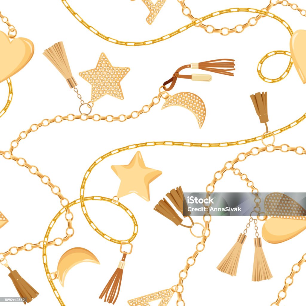 Golden Chains and Charms with Diamonds Seamless Pattern. Fashion Fabric Background with Gold, Gemstones and Jewelry Elements for Wallpapers, Print. Vector illustration Abstract stock vector