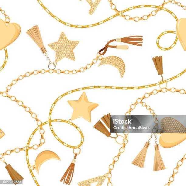 Golden Chains And Charms With Diamonds Seamless Pattern Fashion Fabric Background With Gold Gemstones And Jewelry Elements For Wallpapers Print Vector Illustration Stock Illustration - Download Image Now