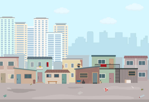 ilustrações, clipart, desenhos animados e ícones de velho arruinou casas e cidade moderna. contraste de edifícios modernos e pobres favelas. - favela