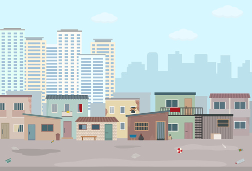 Old ruined houses and modern city. Contrast of modern buildings and poor slums. Flat style vector illustration.