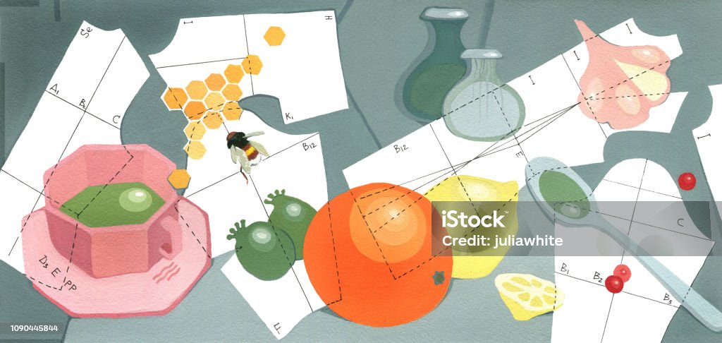 Cup of tea, orange, lemon, pineapple guava, honey comb and garlic Cup of tea, orange, lemon, pineapple guava, honey comb and garlic on a background of sewing patterns and signs of vitamins Biological Cell stock illustration