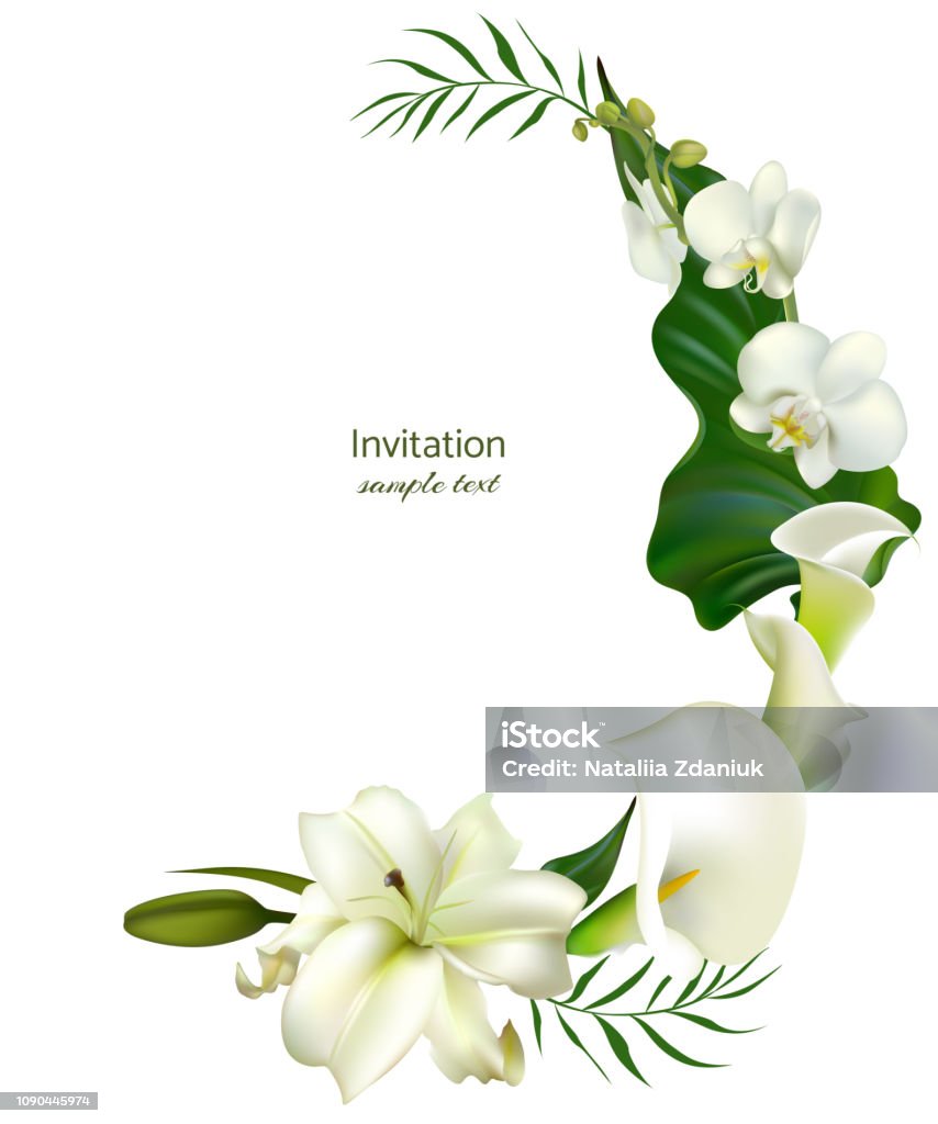 White flowers. Flower background. Calla. Lilies. Orchids. Green leaves. Wedding invitation. Lily stock vector