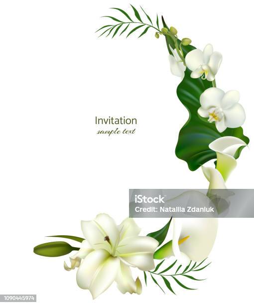 White Flowers Flower Background Calla Lilies Orchids Green Leaves Wedding Invitation Stock Illustration - Download Image Now