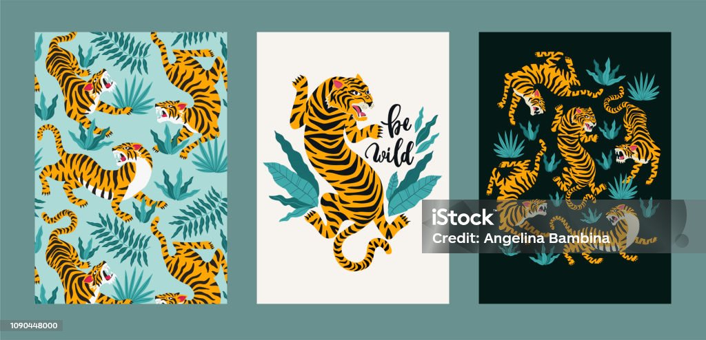 Conjunto de carteles de tigres y hojas tropicales. Ilustración de moda. - arte vectorial de Tigre libre de derechos