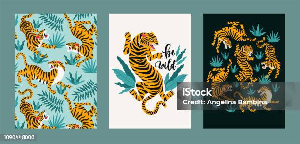 Ilustración de Conjunto De Carteles De Tigres Y Hojas Tropicales Ilustración De Moda y más Vectores Libres de Derechos de Tigre