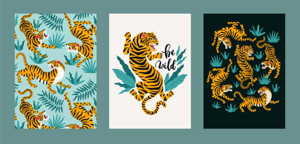 Poster set of tigers and tropical leaves. Trendy illustration. Vector poster set of tigers and tropical leaves. Trendy illustration. bengal tiger pattern stock illustrations
