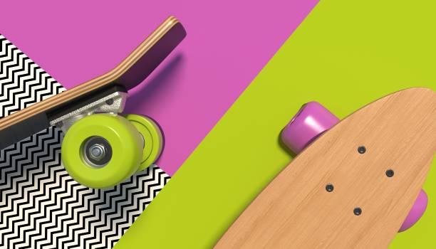 istock Wooden skateboard with bright colored wheels on a colorful background with geometric patterns. Copy space. Minimalistic creative concept. 1090449662