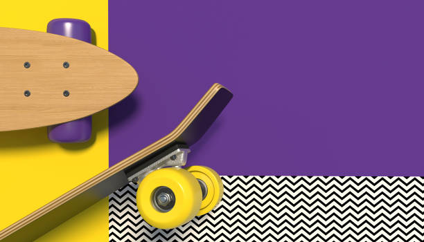 istock Wooden skateboard with bright colored wheels on a colorful background with geometric patterns. Copy space. Minimalistic creative concept. 1090449672
