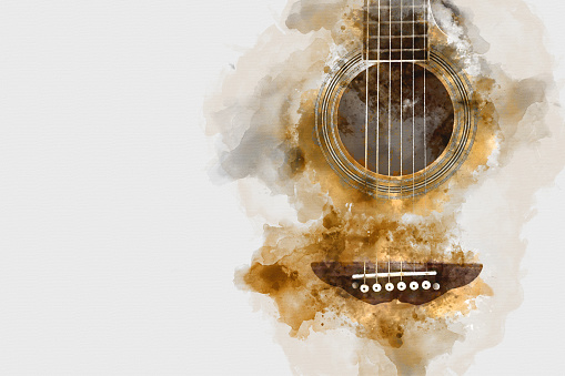 Abstract colorful acoustic guitar watercolor illustration painting background.