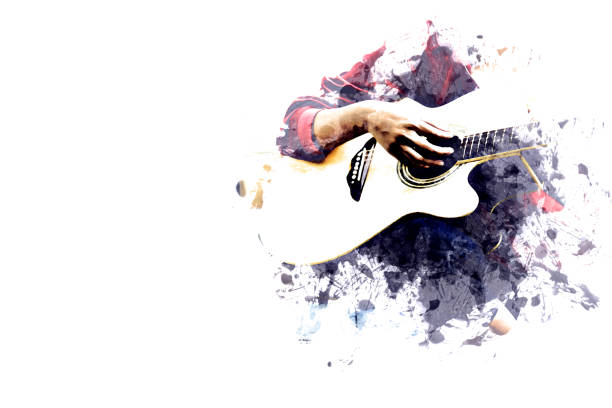 クローズ アップ女性水彩イラストの絵の背景にウォーキングストリートのアコースティック ギターを演奏します。 - guitar lessons ストックフォトと画像