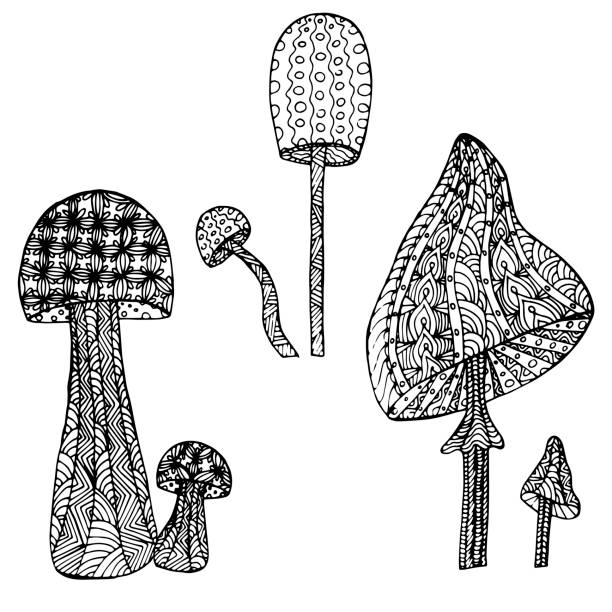 istock Mushroom cartoons sketch set. Cute doodle style monochrome design element 1090449922