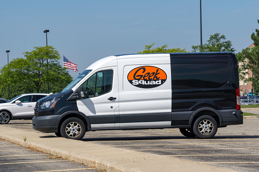 A Geek Squad van parked in Shelby Township, Michigan. Geek Squad is a service of big box retailer Best Buy that provides installation of appliances and tech trouble shooting.
