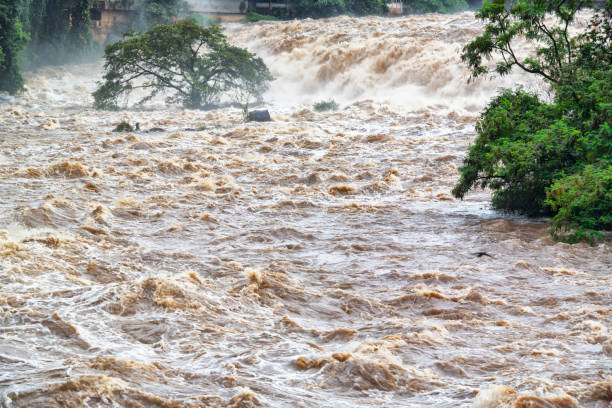 schlammigen wasser überflutet. überlauf. - überschwemmung stock-fotos und bilder