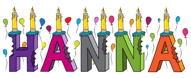 ilustraciones, imágenes clip art, dibujos animados e iconos de stock de hanna hembra nombre mordido colorido 3d letras pastel de cumpleaños con velas y globos - hannah