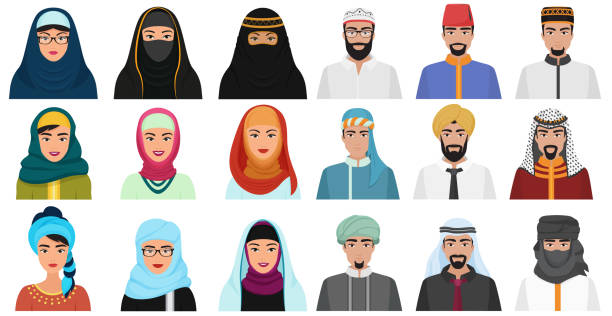 stockillustraties, clipart, cartoons en iconen met islam cartoon mensen pictogrammen. arabische moslim avatars moslim gezicht hoofden van mannetje en vrouwtje. - hoofddoek