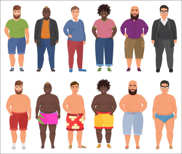 Fat man in casual and summer underwear clothes set. Plus size male people. Fat man in casual and summer underwear clothes set. Plus size male people brat burger stock illustrations
