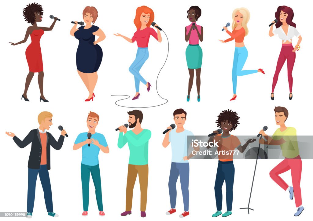 Ilustración de Vector De Dibujos Animados Cantantes Con Micrófonos Y  Músicos Aislados Gente Cantando Karaoke Canciones y más Vectores Libres de  Derechos de Cantante - iStock