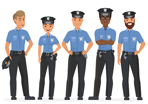 Group Of Cartoon Security Police Officers Woman And Man Police Cops Vector  Characters Stock Illustration - Download Image Now - iStock
