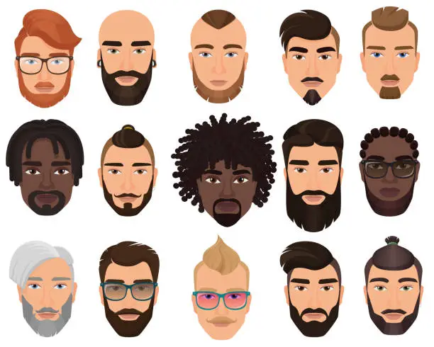 Vector illustration of Hipsters stylish bearded men with different color hairstyles, mustaches, beards isolated.