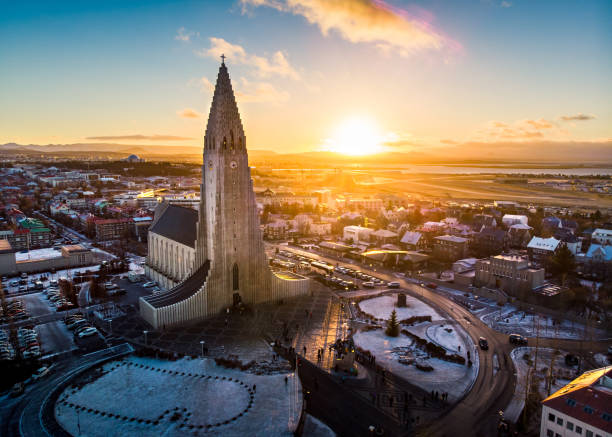 Hallgrimskirkja church and Reykjavik cityscape in Iceland aeria stock photo