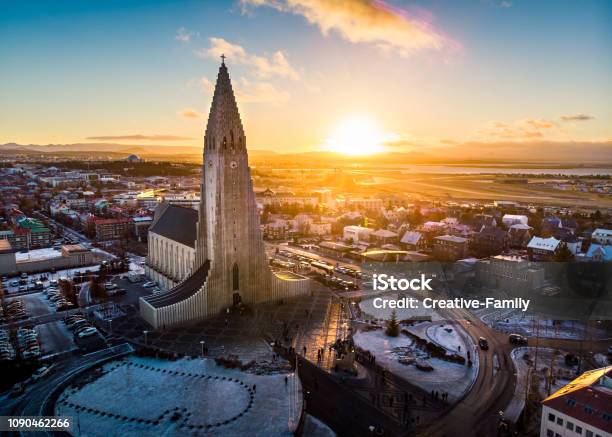 Hallgrimskirkja Church And Reykjavik Cityscape In Iceland Aeria Stock Photo - Download Image Now
