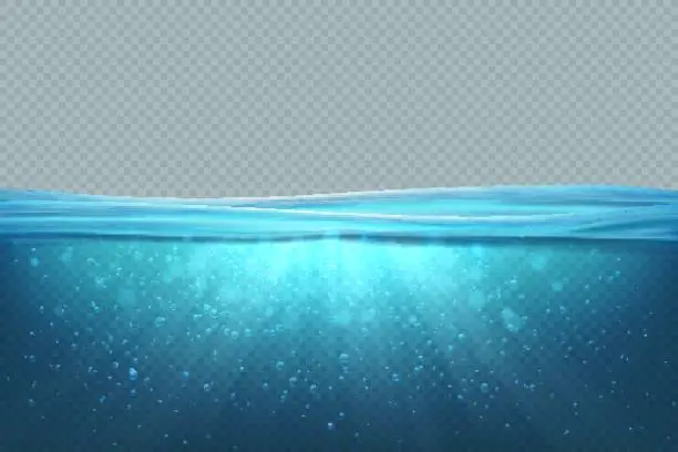 Vector illustration of Transparent underwater background. Realistic blue sea water surface, 3D ocean pool lake deep wave concept. Marine