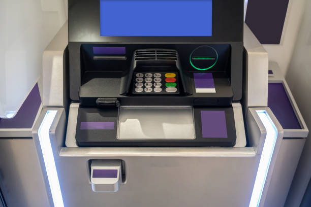 istock Purple ATM machines. The station automatic machines with LED light 1090468496
