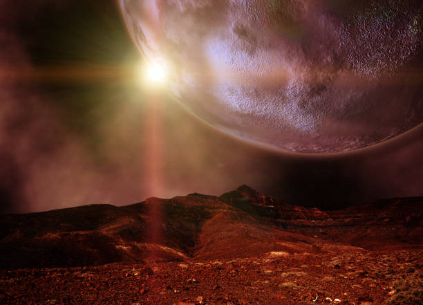 istock inhospitable planet with mountains and moon or planet on orbit - science fiction 1090470006