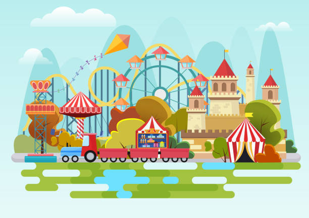 концепция вектора парка развлечений на фоне гор. - carnival amusement park swing traditional festival stock illustrations