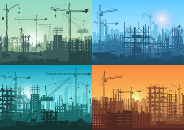 Morning sunrise, sunset and day building constructions background set. Vector Industrial building process under construction. Morning sunrise, sunset building constructions background set. Industrial building process under construction tower crane stock illustrations